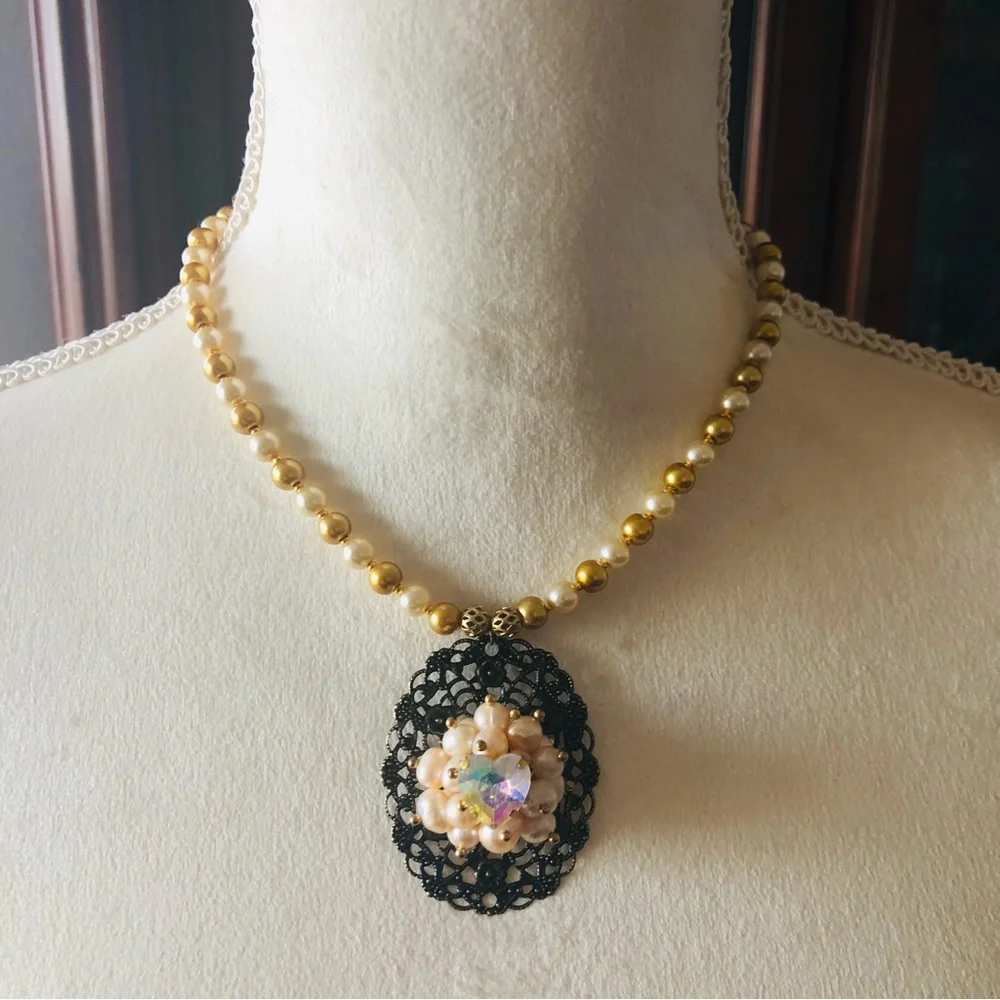 Handcrafted repurpose pearl cluster filigree pendant Czech glass Pearl necklace